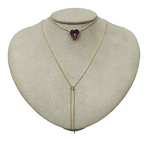 Colar Gravatinha Coração Zirconia Rainbow F. Ouro Azul Verme
