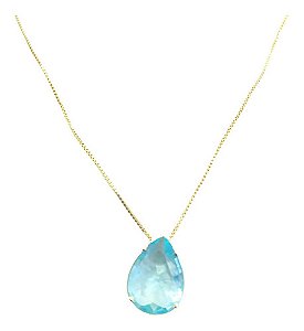 Colar Pingente Gota Pedra Zirconia Azul F. Ouro 18k Dourado