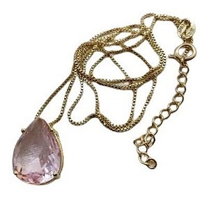 Colar Gota Pedra Zirconia Rosa F Ouro 18k Dourado