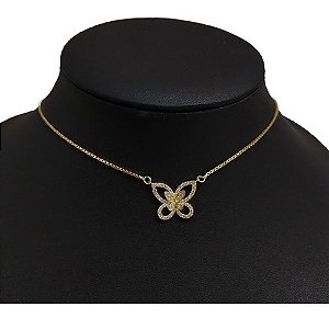 Colar Borboleta Pedra Zirconia Dourado F. Ouro 18k Semi Joia