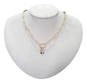 Colar Corrente Cadeado Mosquetão Pedra Zirconia Semijoia