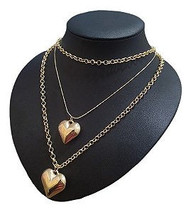 Colar Triplo Coração Elo Português Chocker 40 50 60 Cm