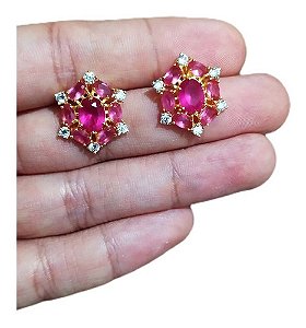 Brinco Vermelho Marsala Zirconia Dourado Folheado Ouro 18k