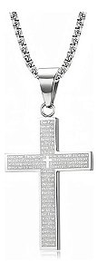 Corrente Masculina Pingete Cruz Aço Inox Prata Preta 60 Cm