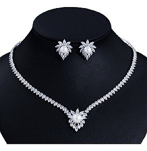 Colar Chocker Riviera Gota E Brinco Zircônia E Pérola Noiva