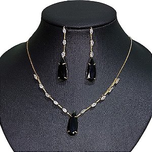 Conjunto Colar E Brinco Pedra Verde Zirconia Gota F Ouro 18k