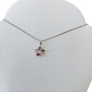 Colar Pedra Zirconia Colorida Flor Semijoia Folheado A Ródio