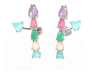 Brinco Ear Cuff  Pedra Zirconia Rodio Prata Colorido Pequeno