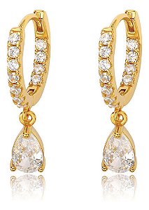 Brinco Argola Com Pedra De Zircônia Gota Folheado Ouro 18k