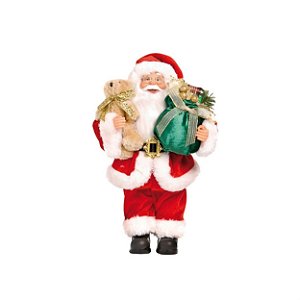 Boneco Papai Noel em Pé Segurando Urso e Saco de Presente 30cm - Ref 1690029 Cromus Natal
