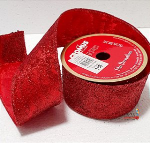 Fita de Natal Aramada Craquelada Vermelha 6,3cm com 9,14mts - Ref 1011808 Cromus