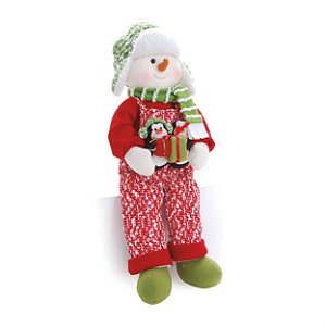 Boneco de Neve Sentado Segurando Presente Vermelho e Verde - Coleção Orlando - Ref 1510313 - Cromus Natal