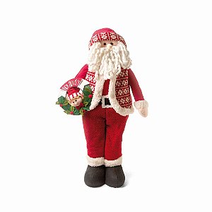 Boneco Papai Noel em Pé Segurando Guirlanda HOHOHO com Rosto de Elfo 85cm - Ref 1350991 - Cromus Natal