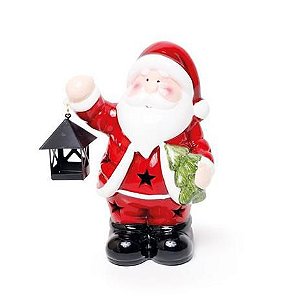 Papai Noel de Cerâmica Segurando Lanterna e Pinheiro - Com Led Vermelho Embutido - Coleção Luz Natal - Ref 1204856 Cromus