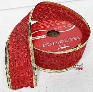 Fita Aramada Vermelha com Borda Dourada 3,8cm x 9,14cm - Fitas Natalinas - Ref 1317506 Cromus Natal