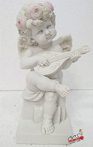 Enfeite Anjo Tocando Instrumento Branco com Flores de Resina 19cm - Coleção Barroca - Ref 1516741 Cromus