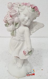 Enfeite Anjo com Flores Branco de Resina 12cm - Coleção Barroca - Ref 1516737 Cromus
