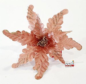 Flor de Natal Poinsetia Rosê com Bordas de Glitter Ouro- Flores Cabo Médio - Ref 1920607 Cromus Natal