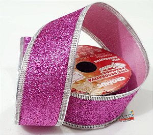 Fita Aramada de Glitter Pink 3,8cm - Fitas Natalinas - Ref 1112673 - Cromus Natal