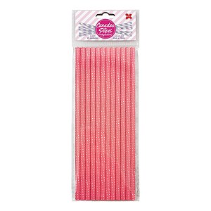 Canudo de Papel Decorado Poá Rosa e Branco - Com 12 Unidades - Ref 4341 Make