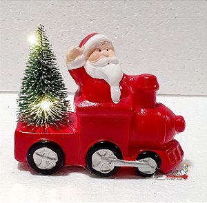 Enfeite Decorativo de Cerâmica Papai Noel no Trem com Pinheiro e Led - Coleção Luz de Natal - Ref 1204853 Cromus Natal