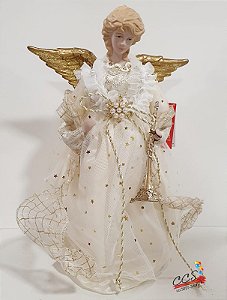 Anjo de Resina com Roupa Branco e Ouro Tocando Trompete 30cm - Coleção Anjos - Ref 1207322 Cromus Natal