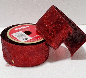 Fita Aramada Vermelha com Flores de Glitter 63mm - Fitas Natalinas - Ref 1641327 Cromus Natal