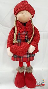 Boneco de Natal Menina em Pé Segurando Coração 48cm - Xadrez Vermelho - Ref 72733001 D&A