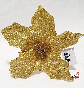 Flor de Natal Bico de Papagaio Dourado com Glitter 14cm - Ref 74684003 D&A