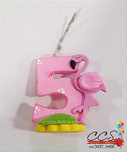 Vela de Biscuit com Aplique de Flamingo - Num 5 - Velas Kids