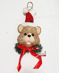 Urso de Natal de Palha com Gorro e Laço de Galho de Pinheiro 34X21X10cm - Ref 67827001 D&A