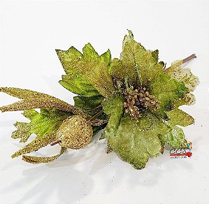 Flor de Natal Verde Claro Com Galho e Mini Pera Dourada - Flores Cabo Curto - Ref 1313205 Cromus Natal