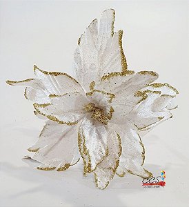 Flor de Natal Poisenttia Branca com Borda Glitter Dourado - Flores Cabo Médio - Ref 1711891 Cromus Natal