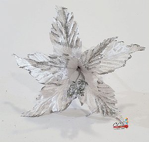 Flor de Natal Poisenttia Branca com Borda e Miolo Glitter Prata - Flores Cabo Médio - Ref 1361077 Cromus Natal
