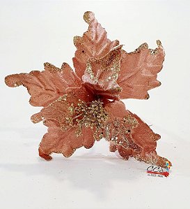 Flor de Natal Poinsettia Nude Rose com Borda e Miolo Dourado - Flores Cabo Médio - Ref 1200356 Cromus Natal
