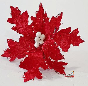 Flor de Natal Poinsetia de Veludo Vermelha com Borda Flocos Nevado Branco e Miolo Branco Glitter - Flores Cabo Médio - Ref 1141730 Cromus Natal