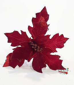 Flor de Natal Poinsetia Veludo Vermelho Marsala - Flores Cabo Médio - Ref 07354 Tok da Casa
