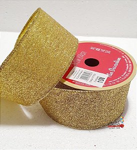 Fita de Natal Aramada Glitter Ouro 6,3cm x 9,14cm - Fitas Natalinas - Ref 1317523 Cromus