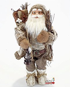 Boneco Papai Noel em Pé Roupa Bege Marrom Segurando Lanterna e Saco de Presente 60cm - Ref 73708001 D&A