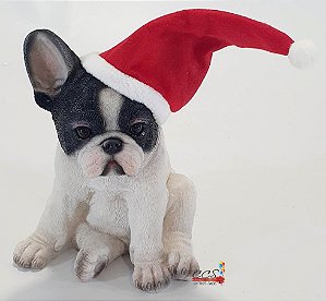 Enfeite de Resina Cachorro Bulldog Branco e Preto 21cm com Touca de Noel - Natal Pet Mania - Ref 1020224 Cromus Natal