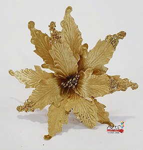 Flor de Natal Bico de Papagaio Aveludado Dourado com Glitter 30cm - Flores Natalinas - Ref 74652004 D&A