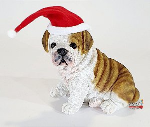 Cachorro Decorativo de Resina Bulldog Sentado Marrom e Branco 28cm com Touca de Noel - Natal Pet Mania - Ref 1020227 Cromus Natal