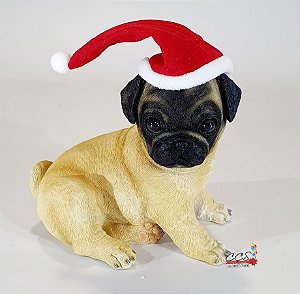 Cachorro Decorativo de Resina Pug Sentado Bege e Preto 25cm com Touca de Noel - Natal Pet Mania - Ref 1020233 Cromus Natal