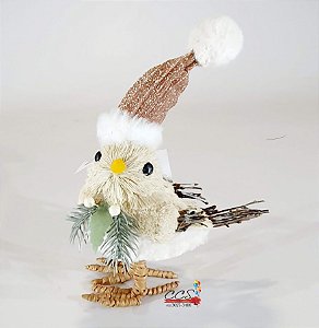 Pássaro Decorativo de Palha Italiana com Gorro Rose e Peito de Pelúcia - Ref 1016999 Cromus Natal