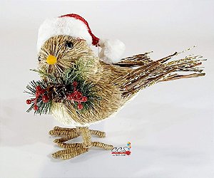 Pássaro de Palha com Gorro Noel Vermelho - Coleção Adelaide - Ref 1017008 Cromus Natal