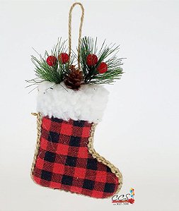 Enfeite Decorativo de Natal Bota Rustica Xadrez Vermelho e Preto com Galho de Pinheiro - Ref 1019698 Cromus Natal