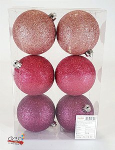 Bola de Natal Glitter Sortida Malva, Rose e Pink 8cm Jogo com 6 Unidades - Bolas de Natal - Ref 1020154 Cromus Natal