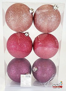 Bola de Natal Glitter Sortida Malva, Rose e Pink 10cm Jogo com 6 Unidades - Bolas de Natal - Ref 1020155 Cromus Natal