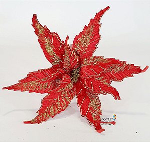 Flor de Natal Poisenttia Gigante Aveludada Vermelha e Dourada 48cm - Flores Cabo Longo - Ref 1024188 Cromus Natal