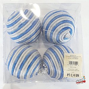 Bola de Natal Espiral e Glitter Azul e Prata 10cm Jogo com 4 Unidades - Bolas Natalinas - Ref 1518842 Cromus Natal